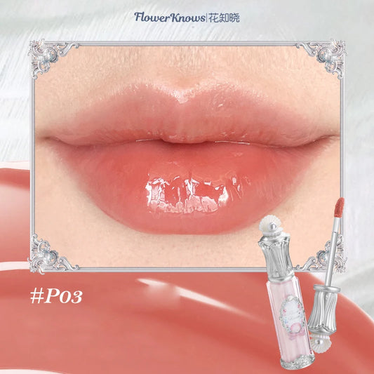 Flower Knows Shells Jewel Lip Gloss Long Lasting High Shine Hydrating Mermaid Gloss Plumping Waterproof Non Sticky Lip Makeup