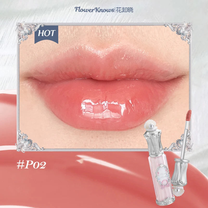 Flower Knows Shells Jewel Lip Gloss Long Lasting High Shine Hydrating Mermaid Gloss Plumping Waterproof Non Sticky Lip Makeup