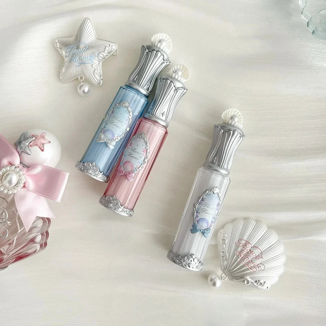 Flower Knows Shells Jewel Lip Gloss Long Lasting High Shine Hydrating Mermaid Gloss Plumping Waterproof Non Sticky Lip Makeup