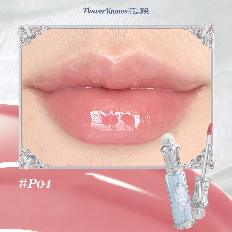 Flower Knows Shells Jewel Lip Gloss Long Lasting High Shine Hydrating Mermaid Gloss Plumping Waterproof Non Sticky Lip Makeup