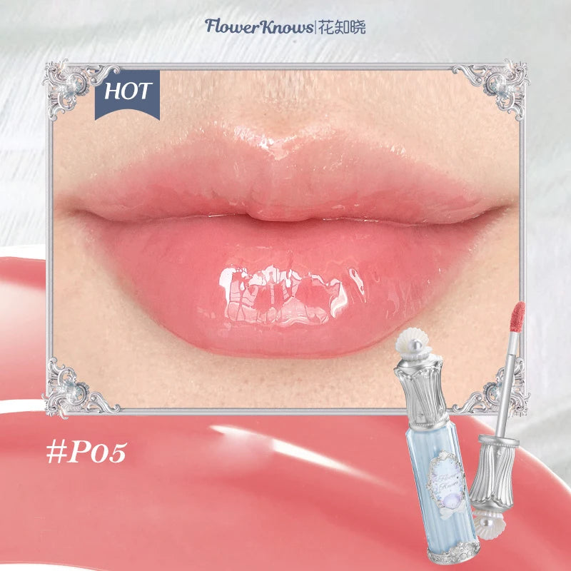 Flower Knows Shells Jewel Lip Gloss Long Lasting High Shine Hydrating Mermaid Gloss Plumping Waterproof Non Sticky Lip Makeup