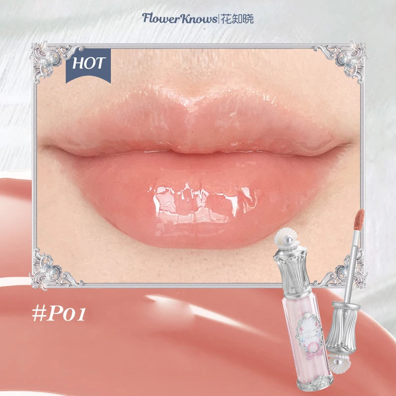 Flower Knows Shells Jewel Lip Gloss Long Lasting High Shine Hydrating Mermaid Gloss Plumping Waterproof Non Sticky Lip Makeup