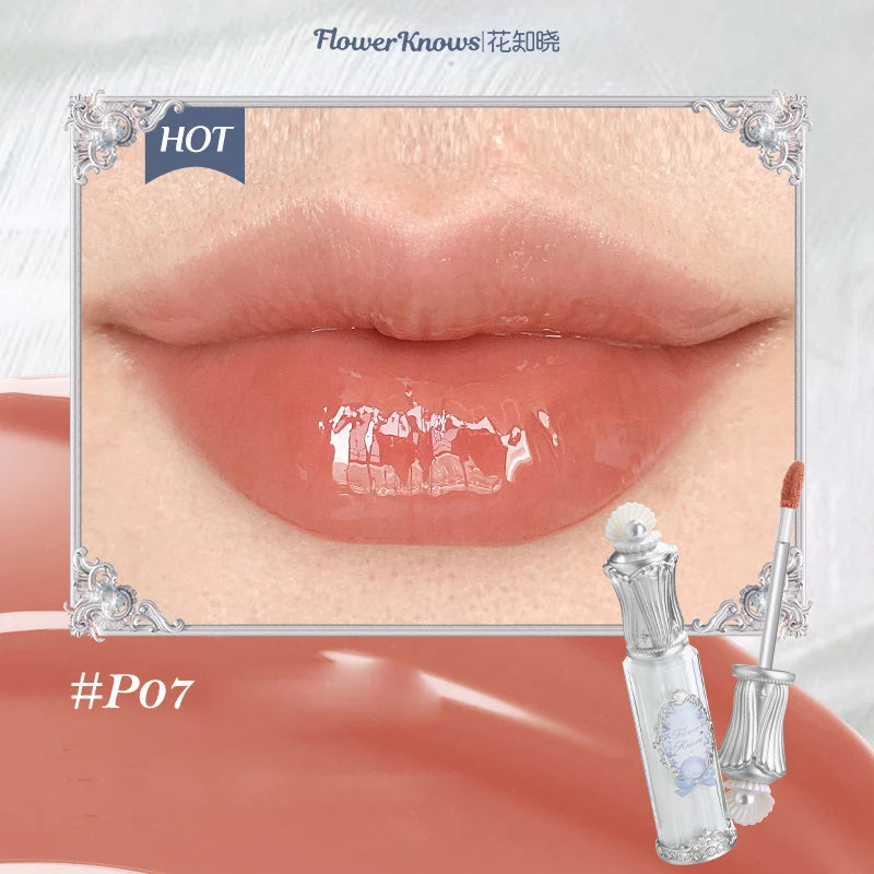 Flower Knows Shells Jewel Lip Gloss Long Lasting High Shine Hydrating Mermaid Gloss Plumping Waterproof Non Sticky Lip Makeup